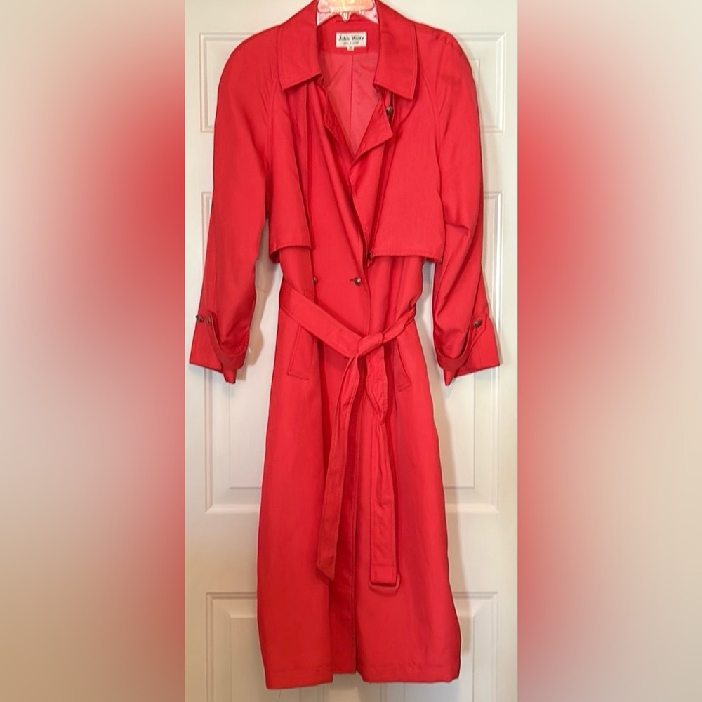 John Weitz Belted Long Trench Coat-Coral 16 VINTAGE Timeless Classic Spring